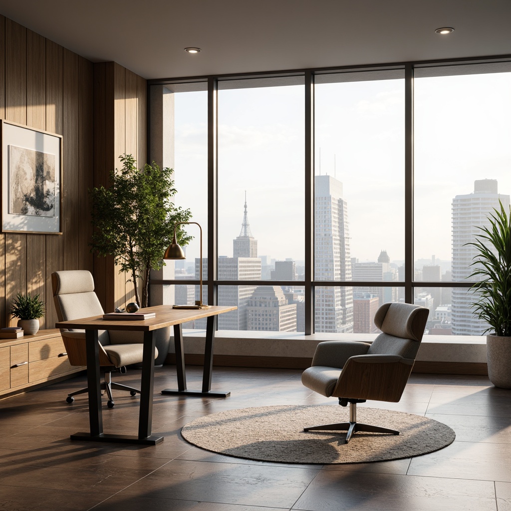 Prompt: Streamlined home office, minimalist desk, ergonomic chair, modern task lamp, sleek metal legs, wooden accents, neutral color palette, floor-to-ceiling windows, natural daylight, cityscape view, subtle textures, soft warm lighting, 1/1 composition, realistic reflections, ambient occlusion, woven fabric upholstery, geometric patterns, tone-on-tone colors, luxurious feel, sophisticated atmosphere.