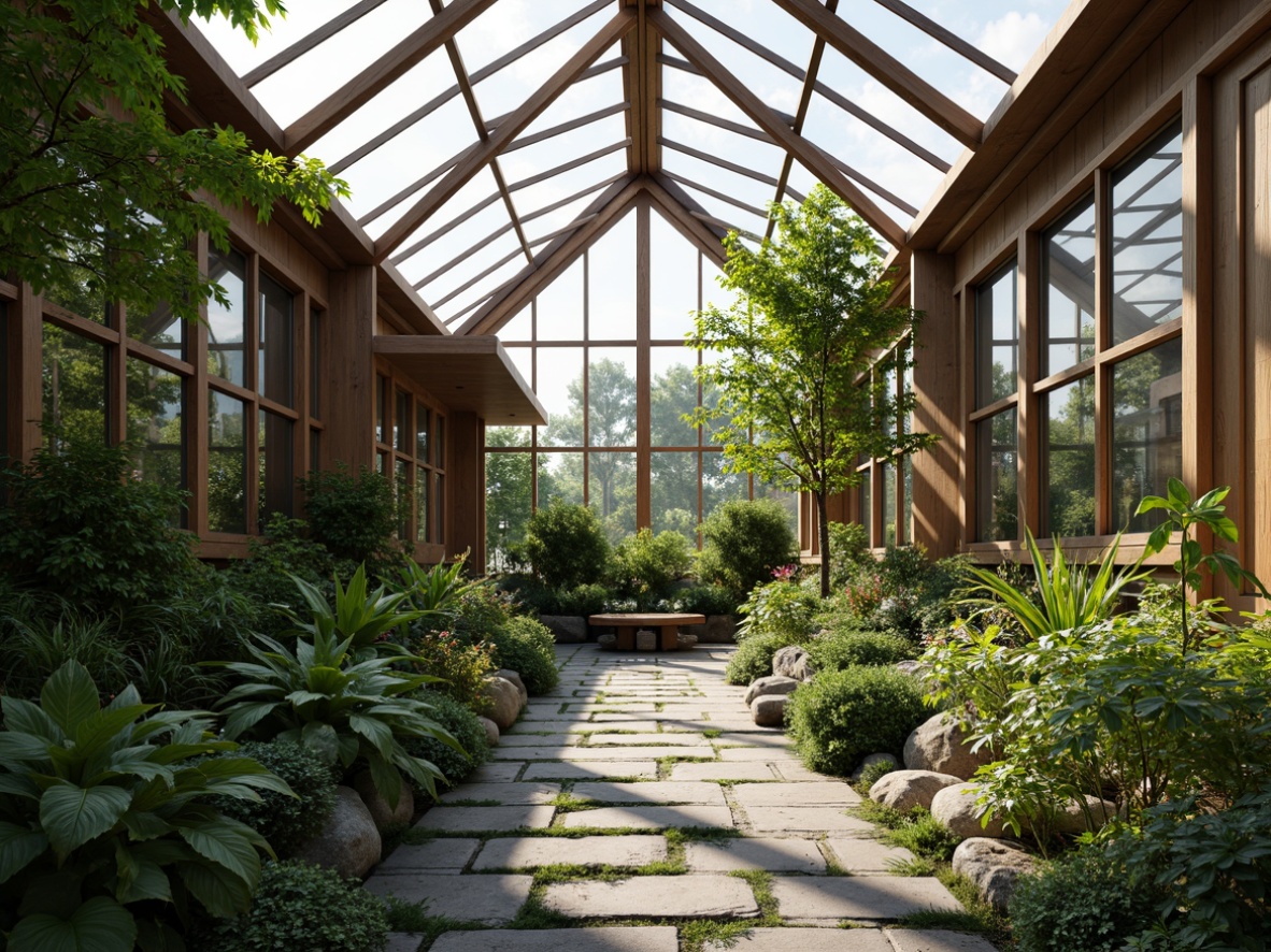 Prompt: Sleek Asian-style greenhouse, lush greenery, exotic plants, natural stone paths, wooden trellises, bamboo accents, minimalist decor, abundance of natural light, floor-to-ceiling windows, skylights, clerestory windows, reflective glass surfaces, warm ambient lighting, soft diffused shadows, 1/1 composition, shallow depth of field, serene atmosphere, peaceful ambiance, organic textures, subtle color palette.