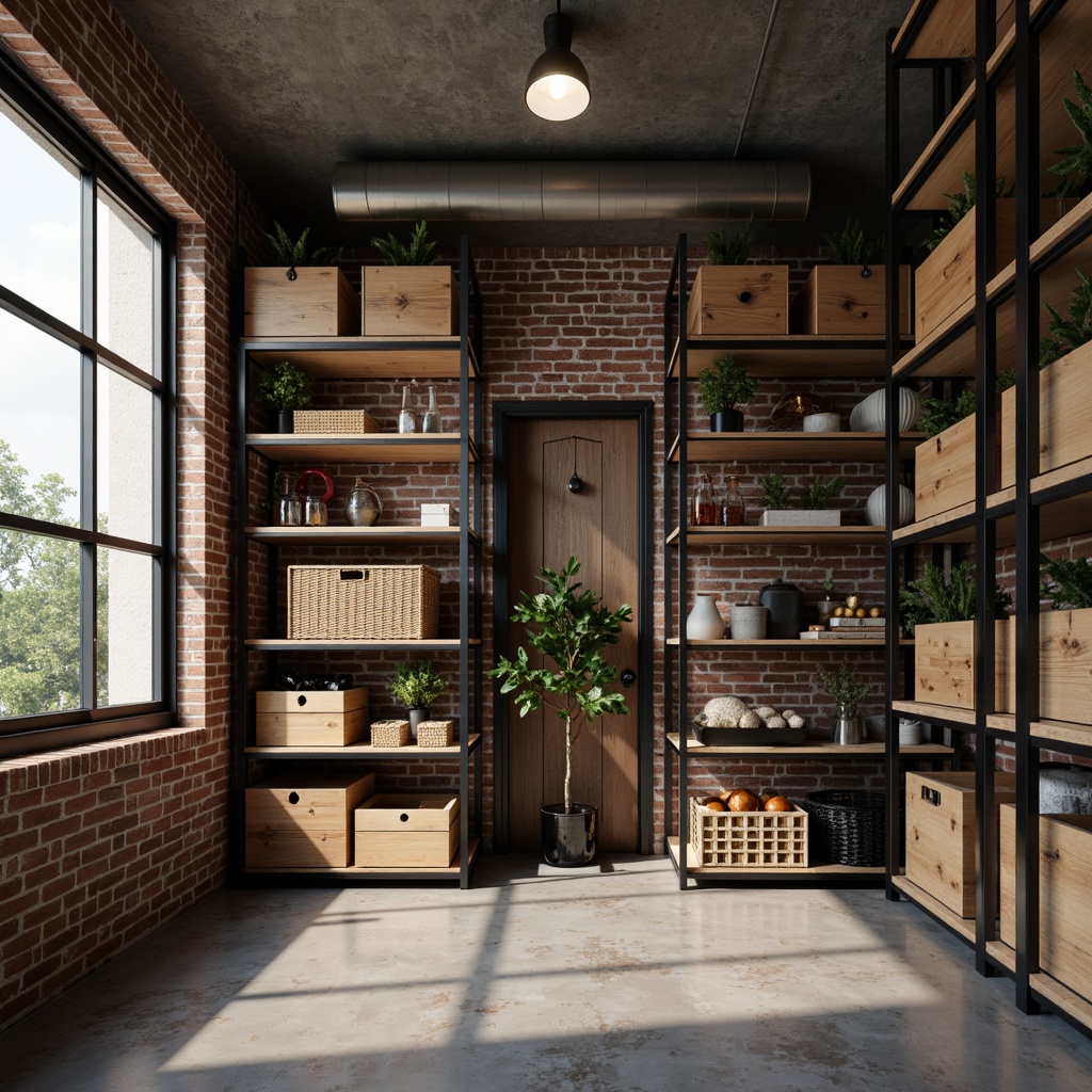 Prompt: Modern storage room, sleek shelving units, industrial metal frames, reclaimed wood accents, minimalist decor, soft warm lighting, shallow depth of field, 3/4 composition, realistic textures, ambient occlusion, urban loft atmosphere, exposed brick walls, polished concrete floors, stylish storage bins, woven baskets, decorative crates, rustic wooden shelves, geometric metal latticework, matte black finishes, rich brown leather straps.