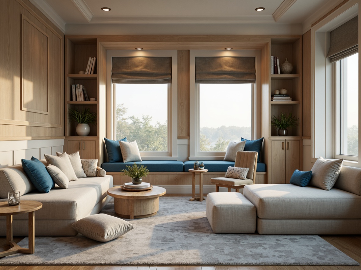 Prompt: Luxurious fabrics, plush cushions, soft velvet textures, calming beige tones, soothing blue hues, elegant patterns, subtle sheens, comfortable upholstery, relaxing ambiance, cozy reading nooks, warm natural light, inviting window seats, stylish accent walls, refined interior design, sophisticated color palette, harmonious blend of materials.