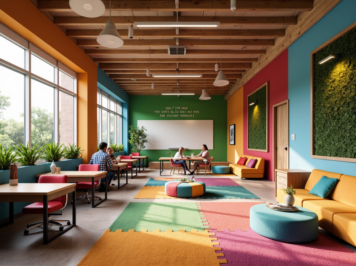 Prompt: Vibrant colored walls, playful patterned rugs, whimsical lighting fixtures, inspirational quote decals, modern minimalist desks, ergonomic chairs, collaborative learning spaces, interactive whiteboards, colorful storage bins, textured acoustic panels, natural wood accents, abundant greenery, floor-to-ceiling windows, soft warm lighting, shallow depth of field, 3/4 composition, panoramic view, realistic textures, ambient occlusion.