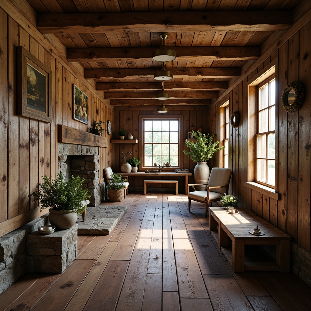 Prompt: Rustic farmhouse, weathered wooden walls, exposed stone foundations, earthy color palette, natural textures, distressed finishes, vintage decorations, country-style furnishings, cozy interior ambiance, warm soft lighting, shallow depth of field, 1/1 composition, realistic materials, ambient occlusion.