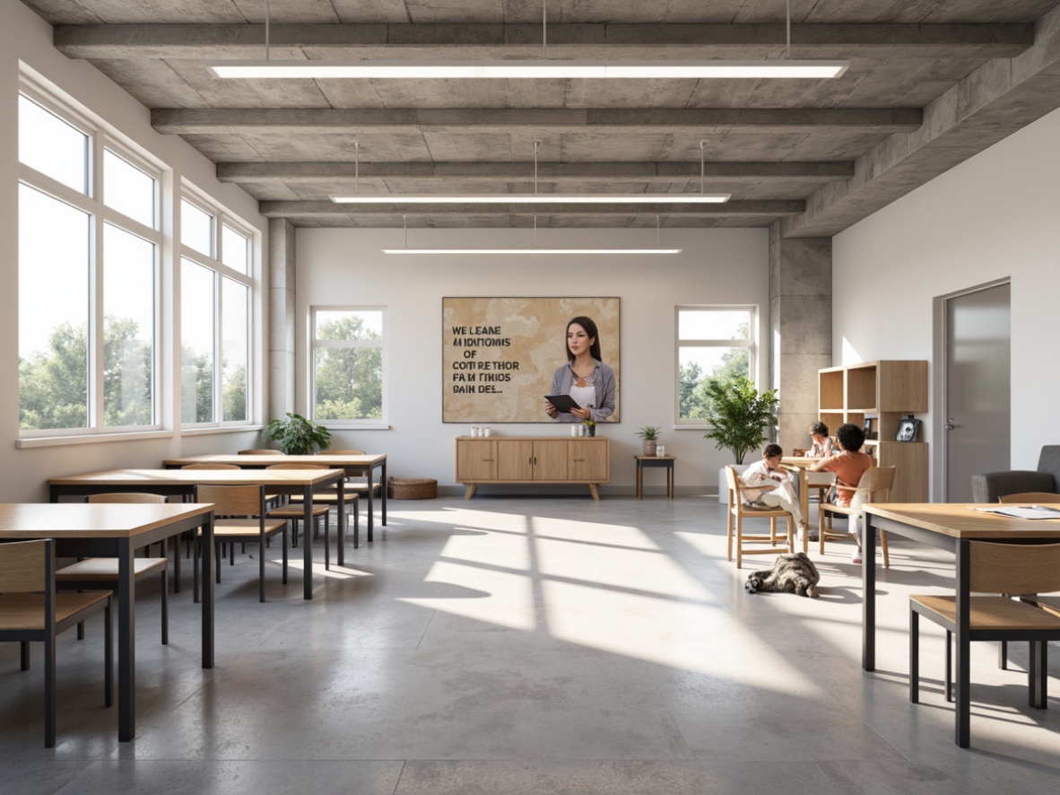 Prompt: Simple high school interior, minimal decor, functional furniture, sleek metal frames, wooden tables, ergonomic chairs, neutral color palette, natural light, large windows, open spaces, collaborative learning areas, inspirational quotes, geometric patterns, subtle textures, soft ambient lighting, shallow depth of field, 3/4 composition, realistic render.