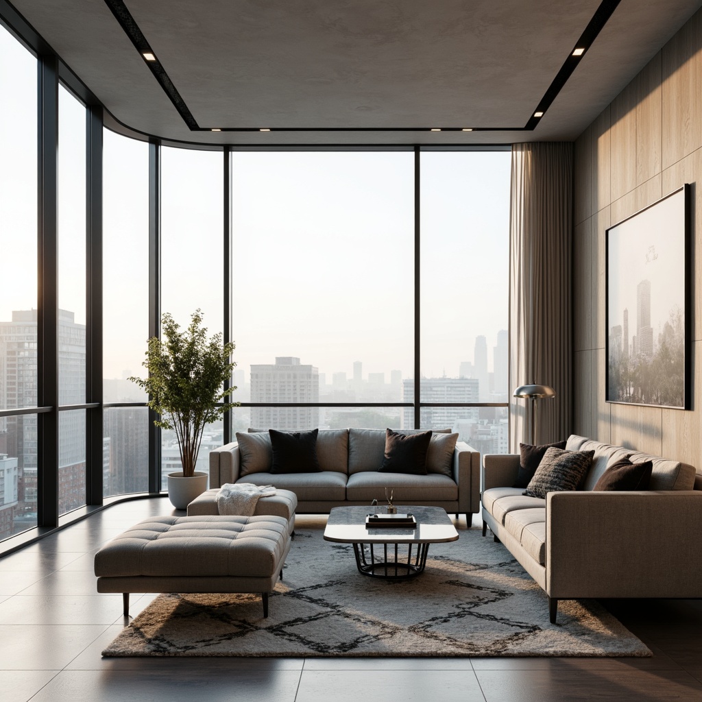 Prompt: Minimalist living room, curved lines, monochromatic color scheme, sleek low-profile furniture, polished chrome legs, tufted velvet sofas, geometric patterned rugs, floor-to-ceiling windows, natural light pouring in, urban cityscape views, 1/1 composition, shallow depth of field, soft warm lighting, realistic textures, ambient occlusion, marble coffee tables, minimalist decor, modern art pieces, Scandinavian-inspired design elements.