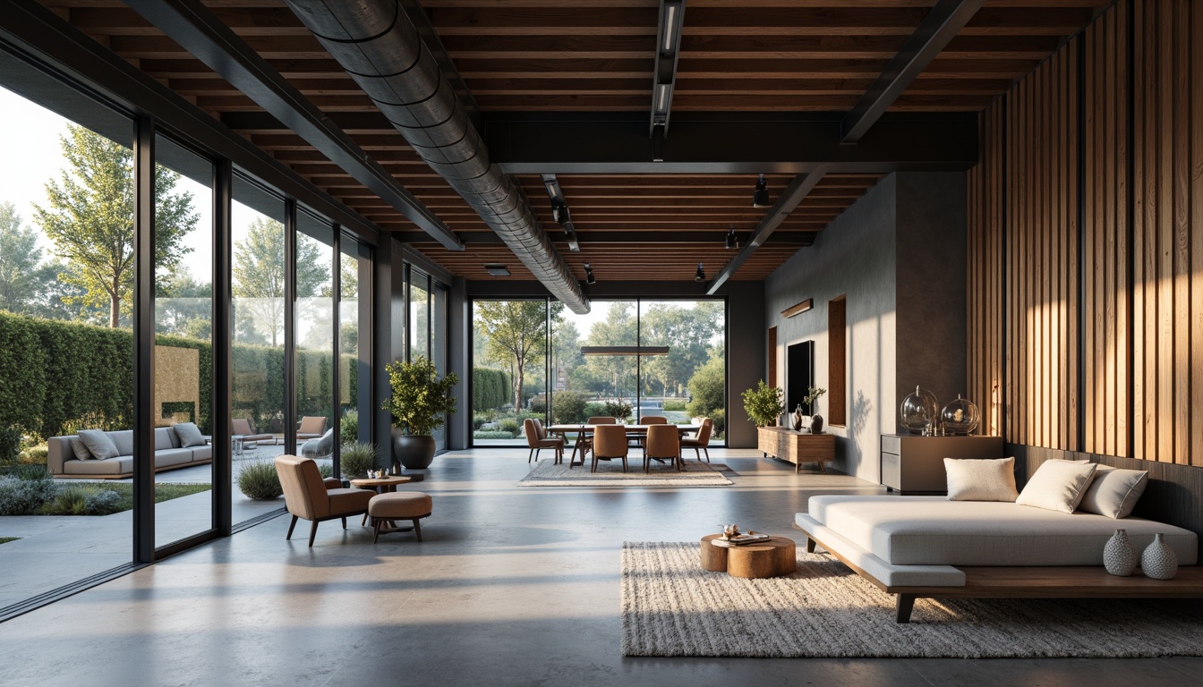 Prompt: Modern interior, sleek lines, minimalist aesthetic, polished concrete floors, exposed ductwork, industrial chic, reclaimed wood accents, metal beam ceilings, floor-to-ceiling windows, sliding glass doors, monochromatic color scheme, matte finishes, textured fabrics, ambient lighting, 3/4 composition, shallow depth of field, realistic textures, soft warm glow.