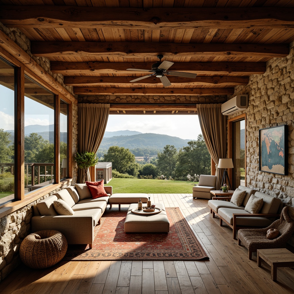 Prompt: Rustic farmhouse, open floor plan, exposed wooden beams, natural stone walls, earthy color palette, vintage furniture, plush area rugs, cozy reading nooks, large windows, sliding glass doors, breathtaking countryside views, lush greenery, rolling hills, warm sunny day, soft warm lighting, shallow depth of field, 3/4 composition, panoramic view, realistic textures, ambient occlusion.