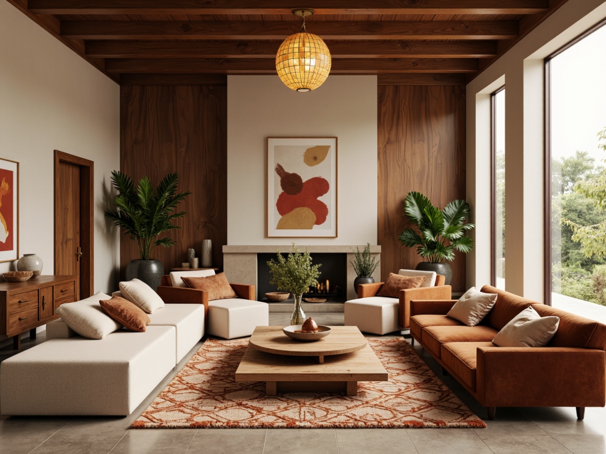 Prompt: Retro-inspired living room, warm beige walls, rich walnut wood accents, comfortable velvet sofas, geometric patterned rugs, statement lighting fixtures, natural materials, organic shapes, earthy color palette, terracotta pots, lush greenery, abstract artwork, minimal ornamentation, functional design, open floor plan, large windows, soft diffused light, 1/1 composition, realistic textures, subtle shadows.