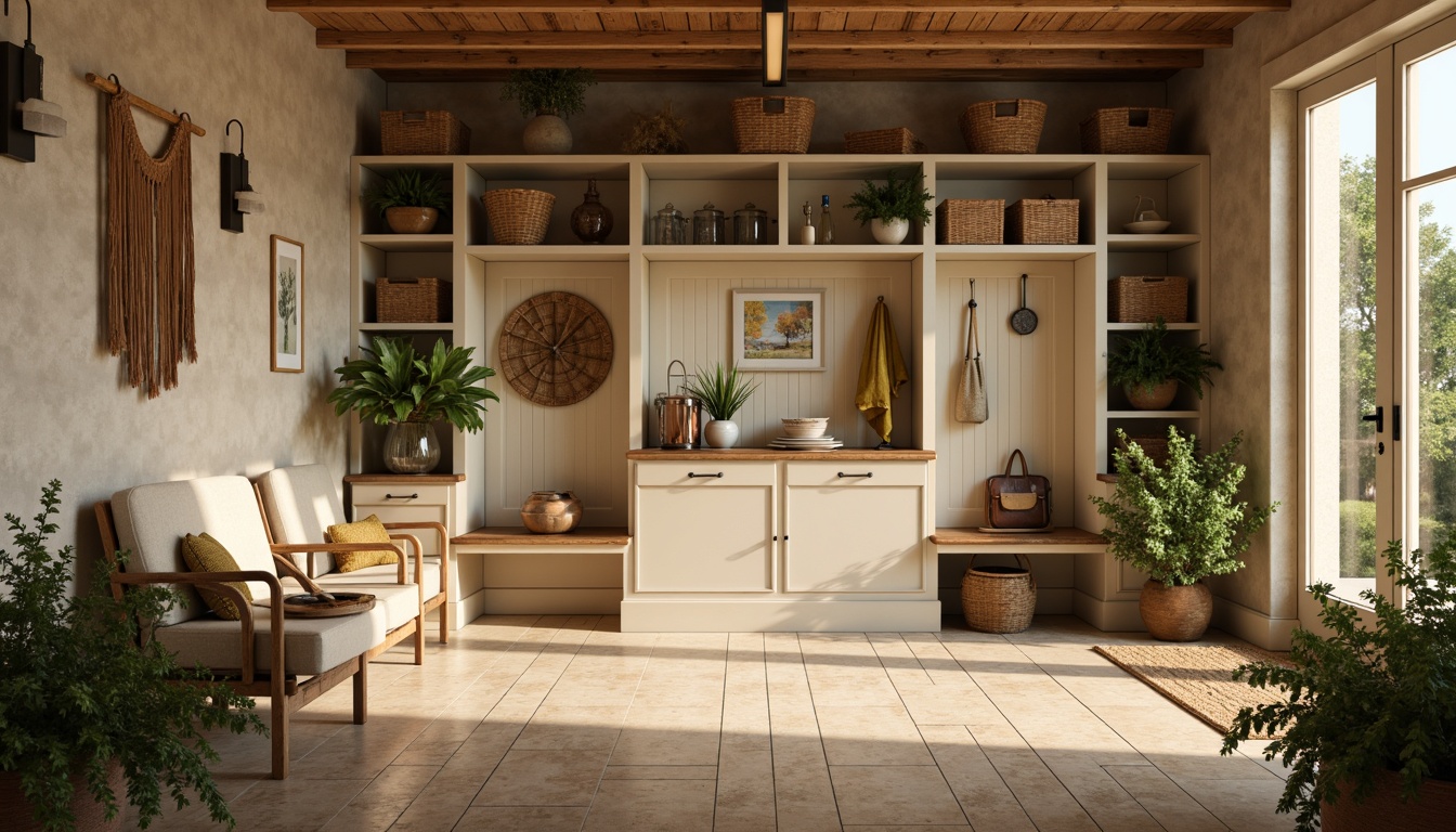 Prompt: Cozy mudroom, earthy tone walls, natural wood accents, warm beige flooring, rustic metal decor, vintage accessories, soft cream-colored cabinets, woven baskets, greenery-filled planters, ambient warm lighting, shallow depth of field, 3/4 composition, realistic textures, warm sunny day.