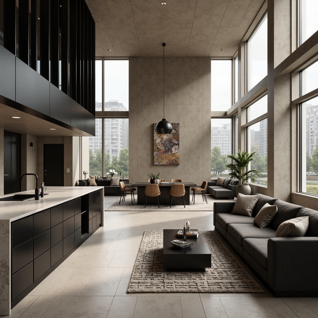 Prompt: Monochromatic modernist interior, sleek minimalism, polished chrome accents, smooth marble countertops, matte black cabinets, warm beige walls, plush charcoal gray sofas, geometric patterned rugs, floor-to-ceiling windows, natural light pouring in, soft ambient glow, 1/2 composition, shallow depth of field, cinematic atmosphere, realistic reflections, subtle gradient effects.