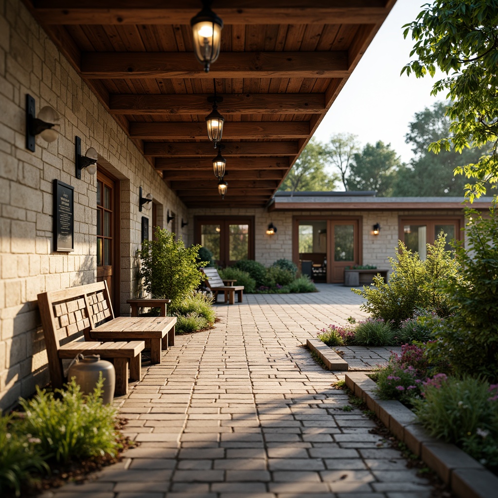 Prompt: Rustic memorial center, natural stone walls, earthy tones, wooden accents, distressed finishes, vintage metal decorations, worn brick pathways, lush greenery, wildflowers, serene atmosphere, soft warm lighting, shallow depth of field, 3/4 composition, panoramic view, realistic textures, ambient occlusion, weathered wood benches, memorial plaques, lantern-style lighting, natural fabrics, earthy scents, peaceful ambiance.