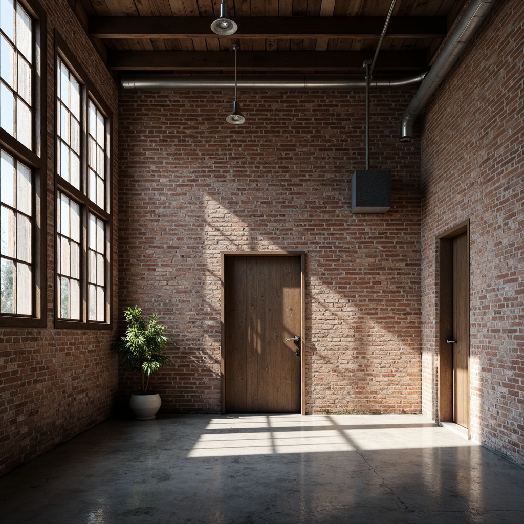 Prompt: Exposed brick walls, distressed finishes, urban loft atmosphere, reclaimed wood accents, metal beams, industrial chic decor, vintage factory windows, concrete floors, minimalist lighting, modern rustic aesthetic, neutral color palette, high ceilings, open space layout, functional simplicity, atmospheric shadows, dramatic backlighting, 1/1 composition, cinematic mood, gritty realistic textures.