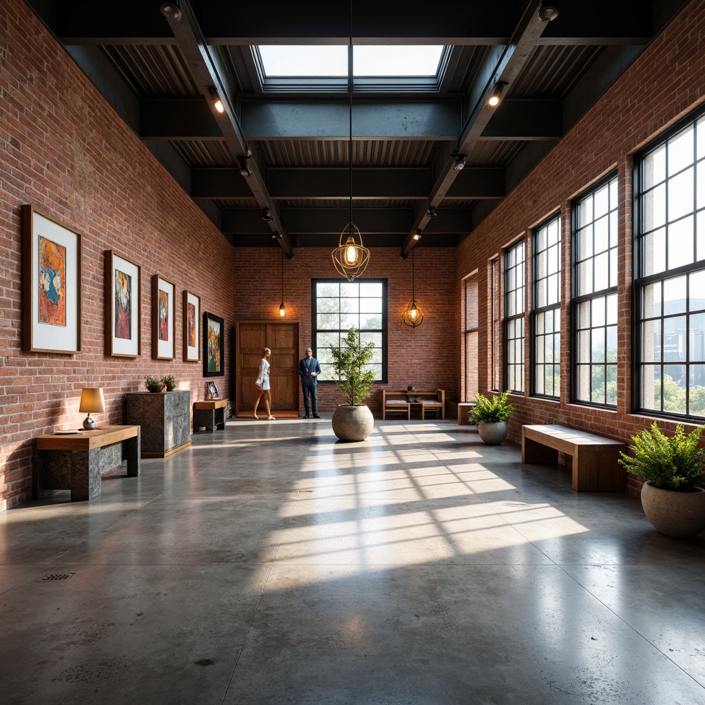 Prompt: Exposed brick walls, industrial-style metal beams, polished concrete floors, modern art installations, minimalist gallery space, sleek track lighting, suspended LED fixtures, metallic pendant lamps, Edison bulb chandeliers, reclaimed wood accents, urban loft atmosphere, natural light pouring, large skylights, dramatic shadows, high contrast ratio, 1/1 composition, softbox lighting, subtle color grading.