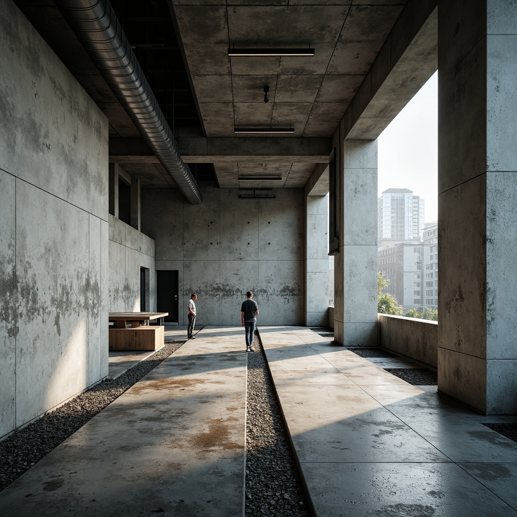 Prompt: Exposed concrete walls, rugged industrial floors, brutalist architectural elements, open-plan layout, minimal ornamentation, functional raw spaces, industrial-style lighting fixtures, metal beams, rough-textured materials, monochromatic color scheme, high ceilings, urban loft ambiance, natural light pouring in, dramatic shadows, low-angle photography, cinematic atmosphere, 1/2 composition, gritty realistic textures, subtle ambient occlusion.