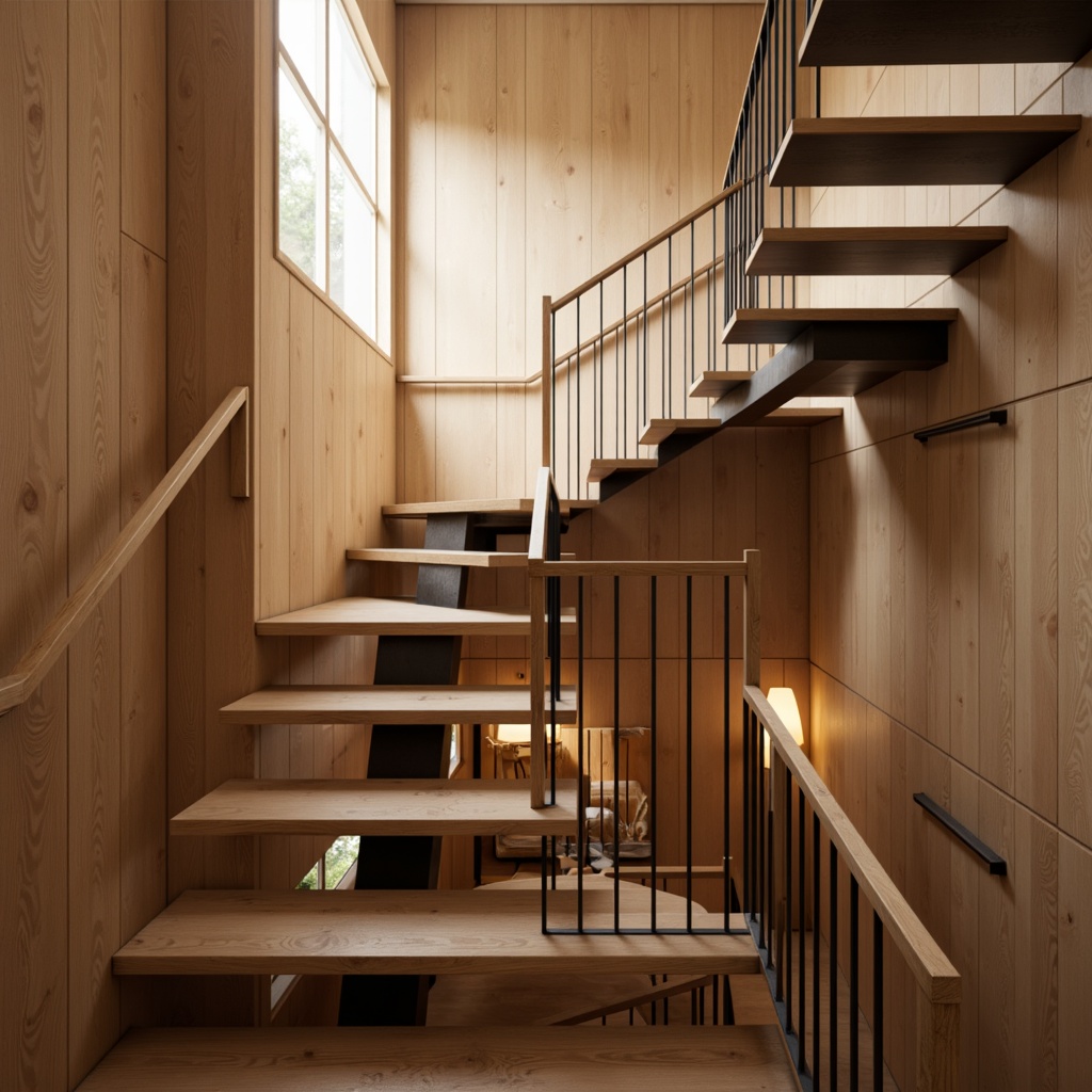 Prompt: Mid-century modern staircase, sleek balustrade, horizontal wooden rails, tapered metal posts, minimalist newel caps, open risers, floating treads, natural oak wood tone, warm ambient lighting, shallow depth of field, 1/1 composition, realistic textures, subtle shadows, atmospheric perspective.