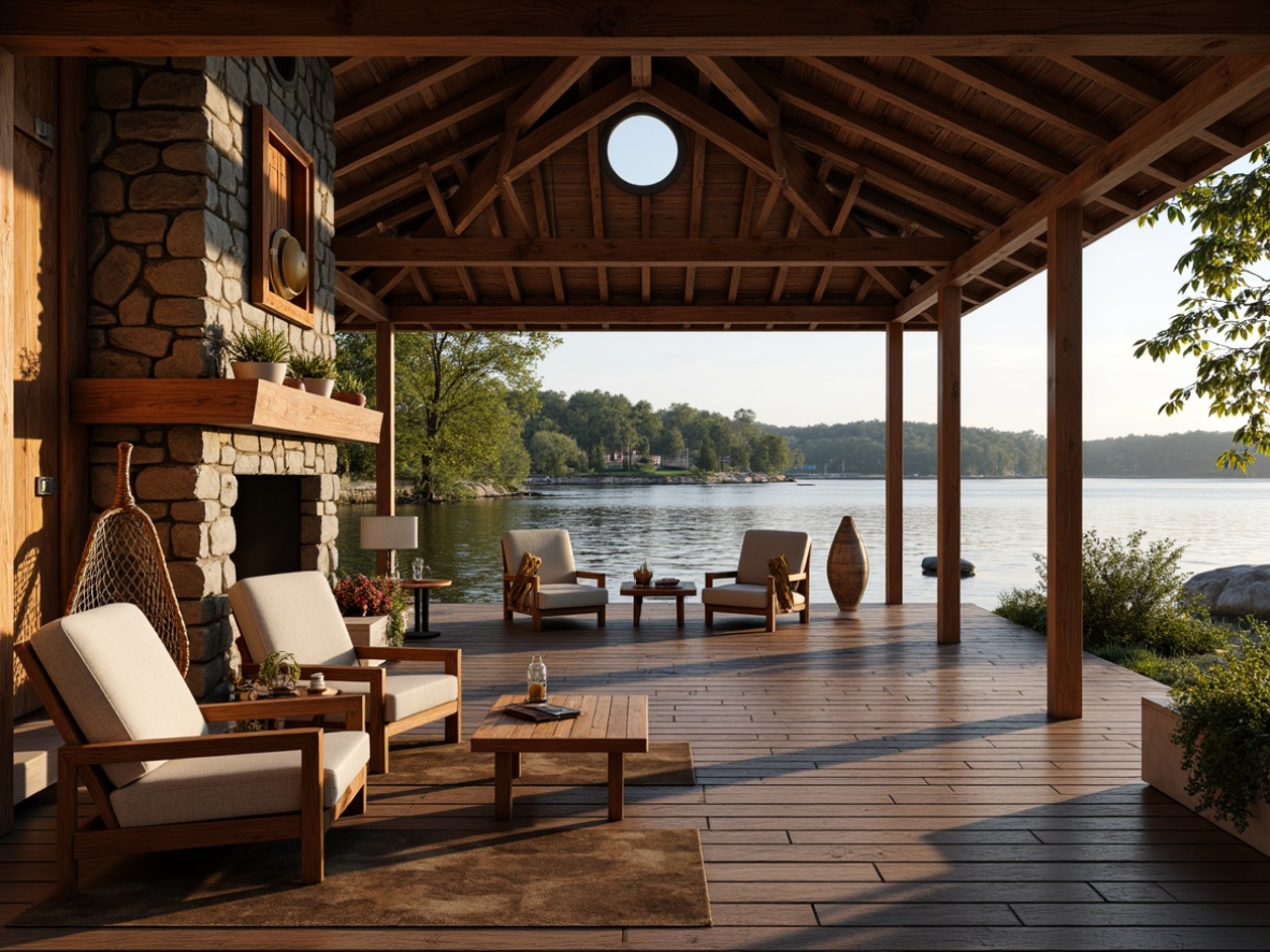 Prompt: Cozy boathouse, rustic wooden docks, serene lake views, warm natural light, wooden beams, stone fireplaces, nautical decorations, vintage fishing nets, distressed wood accents, earthy color palette, soft warm lighting, shallow depth of field, 1/2 composition, relaxed atmosphere, water-inspired textures, ambient occlusion.