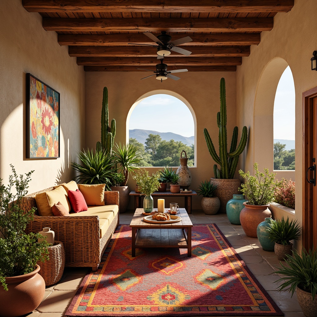 Prompt: Vibrant southwestern decor, earthy terracotta pots, lush green succulents, woven wicker furniture, colorful Navajo-inspired textiles, geometric patterned rugs, rustic wooden accents, turquoise glass vases, distressed metal lanterns, warm candlelighting, soft desert landscape views, adobe-style architecture, natural stone walls, arched windows, vibrant cactus flowers, sunny afternoon ambiance, shallow depth of field, 1/1 composition, realistic textures, ambient occlusion.