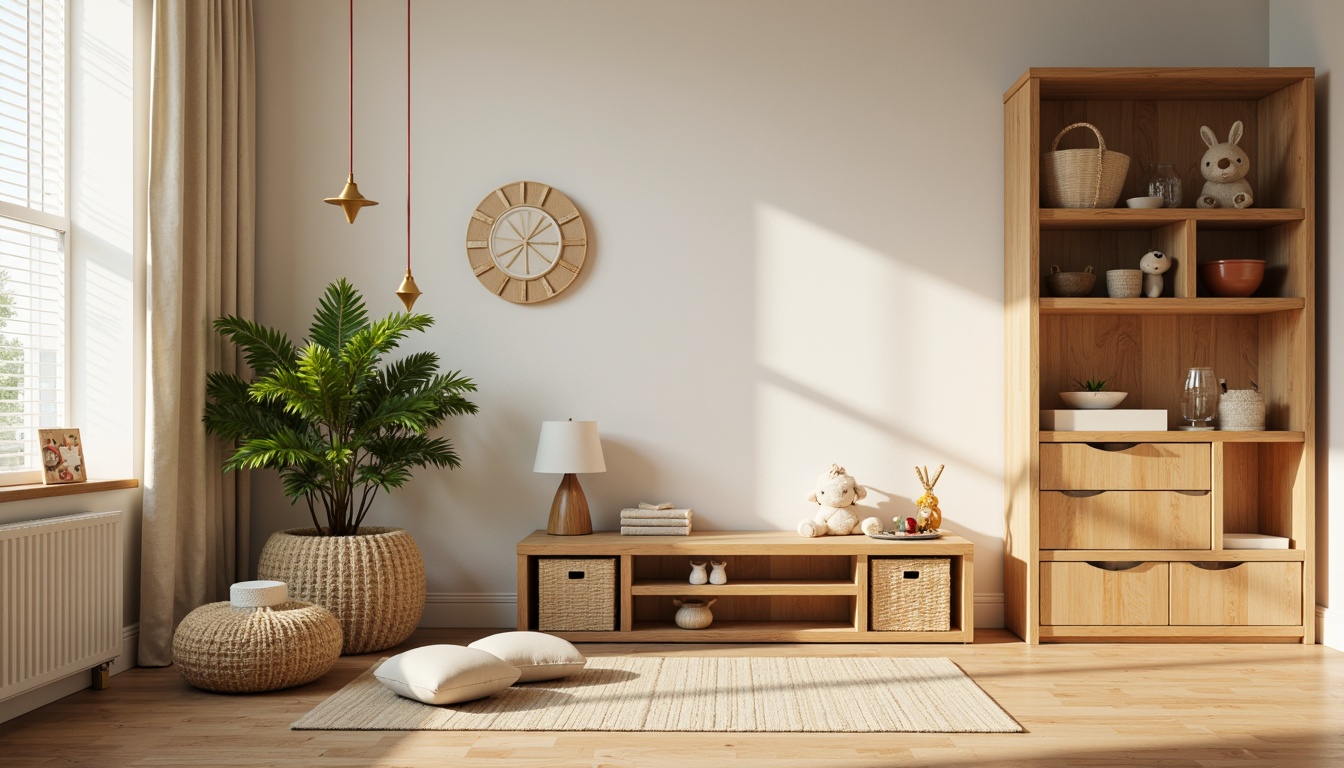 Prompt: Minimalist kids' room, bright colors, wooden furniture, eco-friendly materials, recycled paper wallpaper, cork flooring, natural textiles, woven baskets, geometric shapes, simple lines, modern design, functional storage, adjustable lighting, soft warm glow, shallow depth of field, 1/1 composition, realistic textures, ambient occlusion.