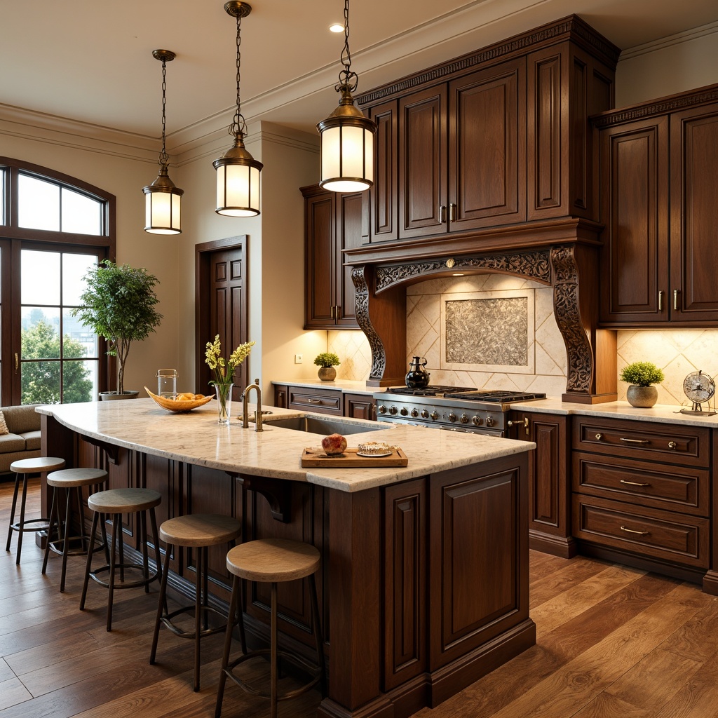 Prompt: Elegant kitchen island, ornate carved wooden cabinetry, luxurious marble countertops, intricate metalwork hardware, sophisticated pendant lighting, warm beige tones, rich walnut flooring, decorative ceramic tiles, ornamental range hood, floral patterned wallpaper, soft golden lighting, shallow depth of field, 1/1 composition, realistic textures, ambient occlusion.