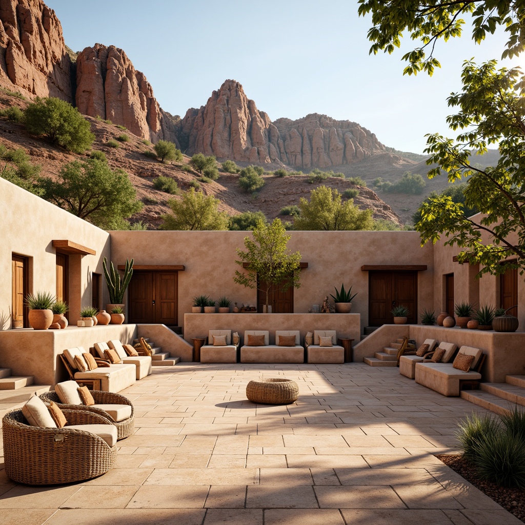 Prompt: Earthy amphitheater, southwestern desert landscape, rugged stone walls, wooden benches, natural flagstone flooring, earth-toned stucco buildings, terracotta pottery accents, woven wicker furniture, vibrant turquoise hues, sandy beige textures, rustic metal railings, distressed wood details, clay roof tiles, adobe-inspired architecture, warm golden lighting, soft shadows, shallow depth of field, 3/4 composition, panoramic view, realistic textures, ambient occlusion.