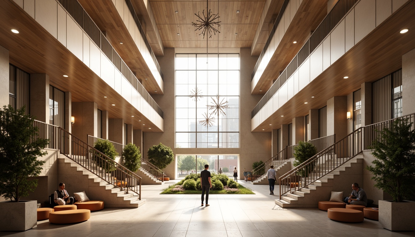 Prompt: Warm and inviting atrium, natural light pouring in, sleek lines, minimal ornamentation, functional lighting fixtures, pendant lamps, sputnik chandeliers, geometric patterns, rich wood tones, stone walls, floor-to-ceiling windows, open interior spaces, grand staircases, minimal color palette, earthy tones, warm beige, 3/4 composition, soft box lighting, subtle shadows, ambient occlusion, realistic textures.