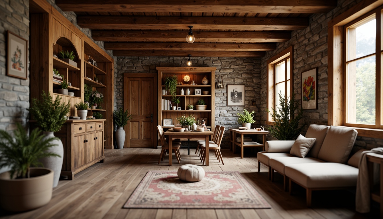 Prompt: Rustic cabin, wooden accents, distressed textures, earthy color palette, natural stone walls, reclaimed wood beams, vintage decorations, cozy atmosphere, warm lighting, shallow depth of field, 1/1 composition, realistic rough-hewn woods, ambient occlusion.