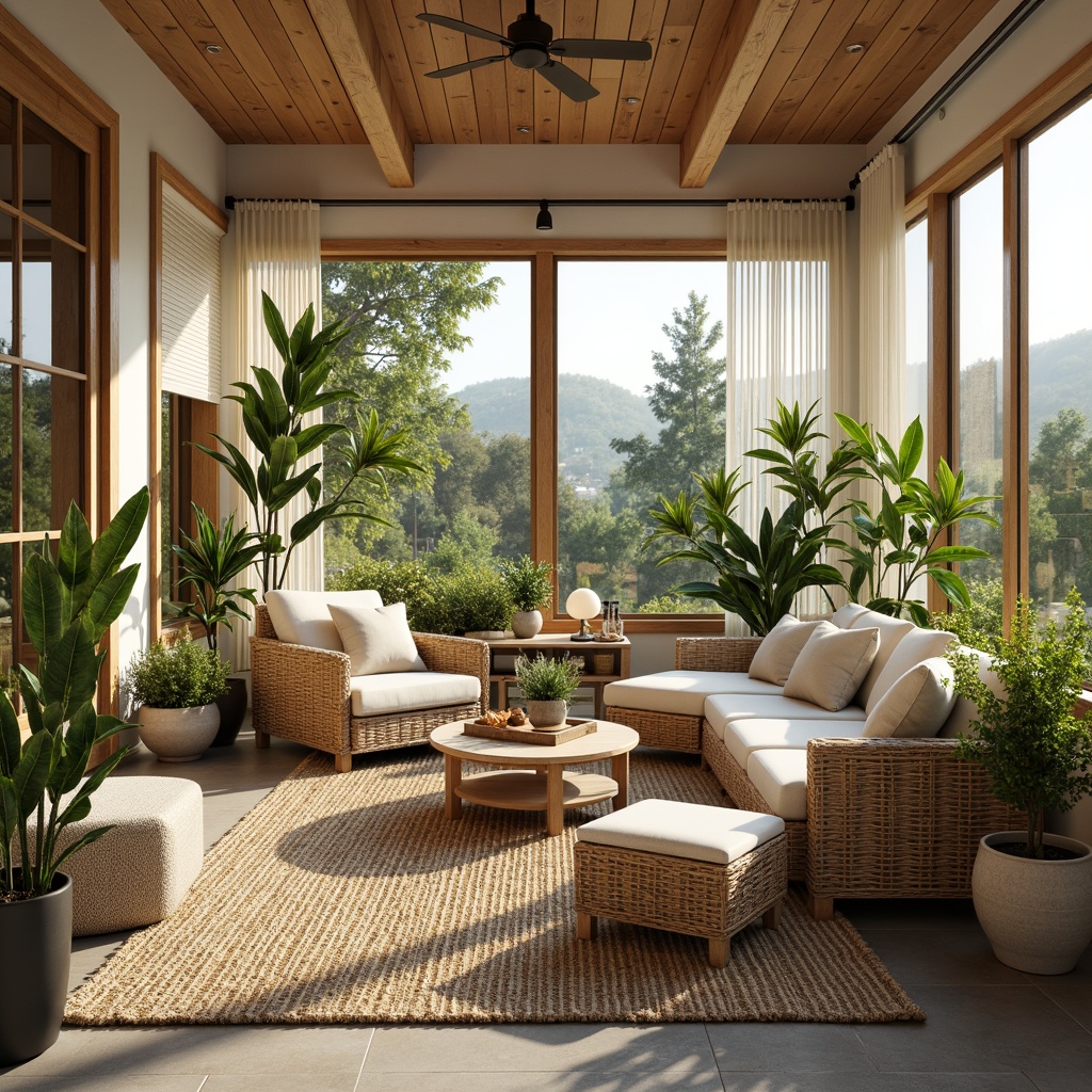 Prompt: Cozy sunroom, natural stone flooring, plush area rugs, comfortable wicker furniture, soft cushions, vibrant tropical plants, large windows, sliding glass doors, warm sunny day, gentle breeze, sheer curtains, light wood accents, minimalist decor, functional storage ottomans, woven baskets, ambient lighting, table lamps, 1/1 composition, shallow depth of field, realistic textures.