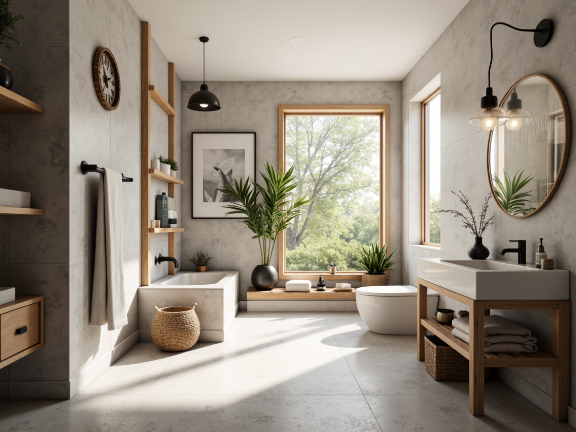 Prompt: Minimalist bathroom, soft warm lighting, natural stone walls, white marble countertops, wooden accents, light gray floors, matte black fixtures, woven baskets, potted greenery, Nordic-inspired patterns, subtle geometric motifs, gentle water flow sound, 1/2 composition, shallow depth of field, realistic textures, ambient occlusion.