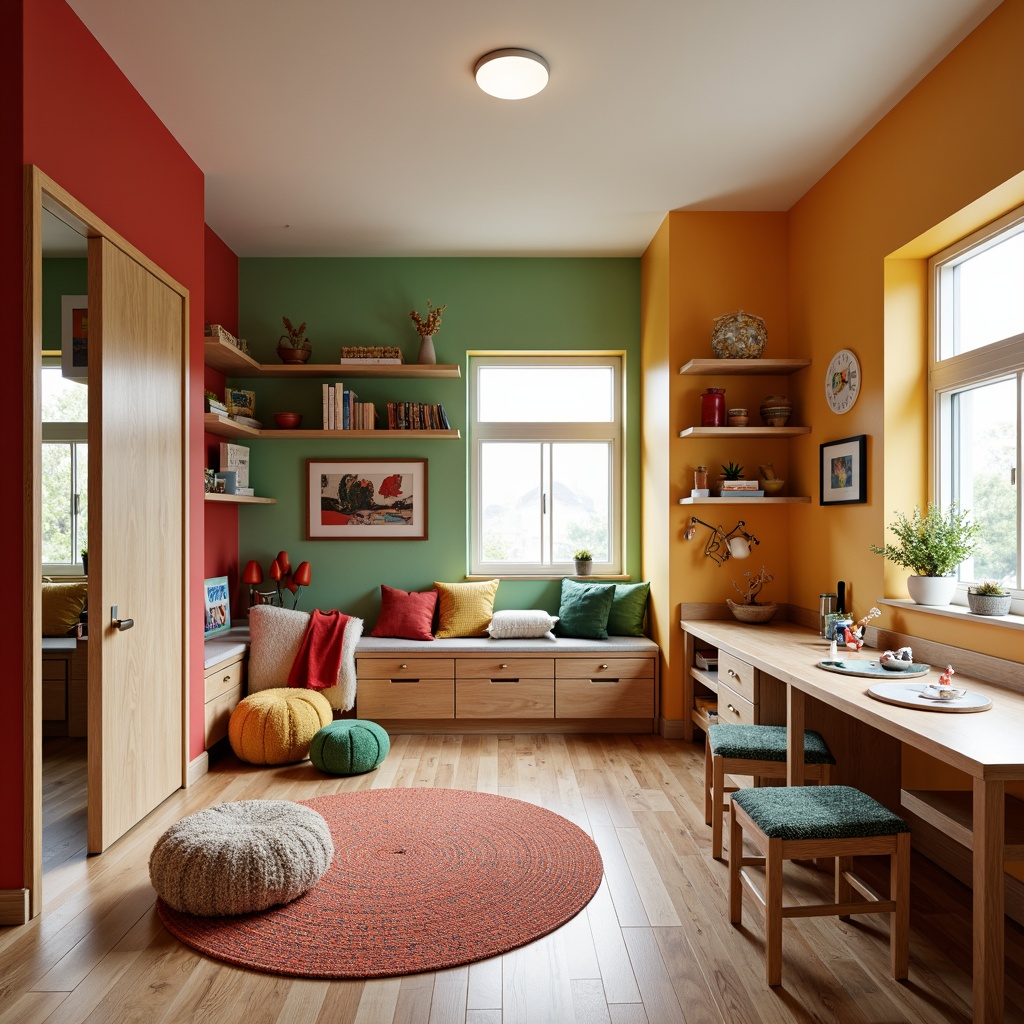 Prompt: Vibrant kids' room, Bauhaus-inspired furniture, bold primary colors, geometric shapes, minimalist decor, wooden floorboards, natural textiles, cozy reading nook, built-in bookshelves, playful rug patterns, abstract artwork, modern lighting fixtures, whimsical decorative accents, ergonomic desks, colorful storage bins, circular tables, rounded chairs, soft cushions, warm task lighting, shallow depth of field, 1/2 composition, realistic textures, ambient occlusion.