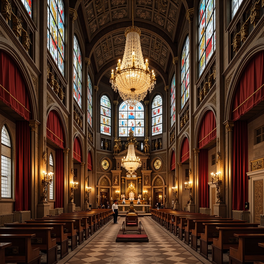 Prompt: Ornate cathedral interior, grand chandeliers, crystal prisms, bronze sconces, stained glass windows, intricate mosaics, golden accents, luxurious velvet drapes, ornamental ironwork, vaulted ceilings, dramatic archways, rich wood paneling, ambient soft lighting, warm golden glow, high contrast ratio, 1/2 composition, symmetrical framing, realistic reflections, subtle texture overlays.