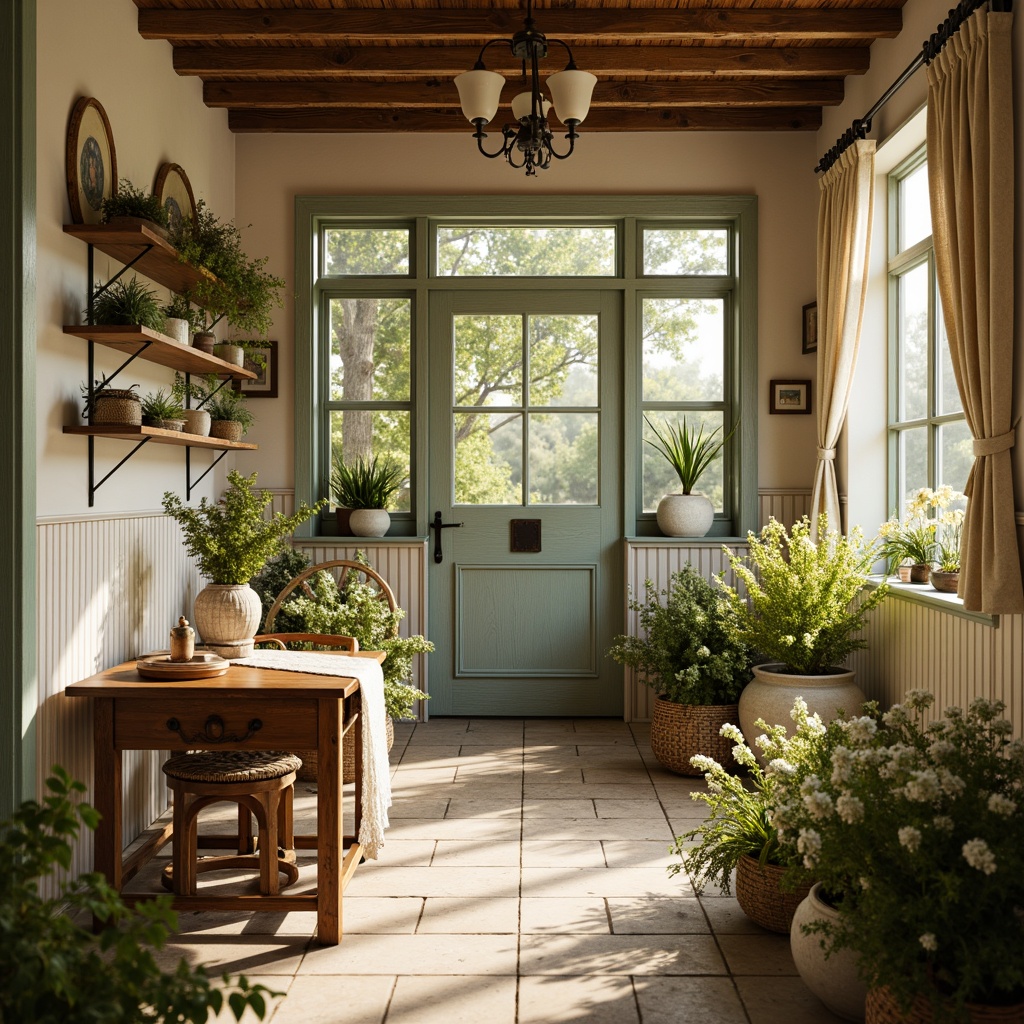 Prompt: Rustic farmhouse, vintage decor, earthy tones, warm beige walls, distressed wood accents, soft sage greens, muted blues, creamy whites, natural textiles, woven baskets, antique furniture, ornate metalware, lush greenery, blooming wildflowers, sunny afternoon, warm golden lighting, shallow depth of field, 3/4 composition, realistic textures, ambient occlusion.