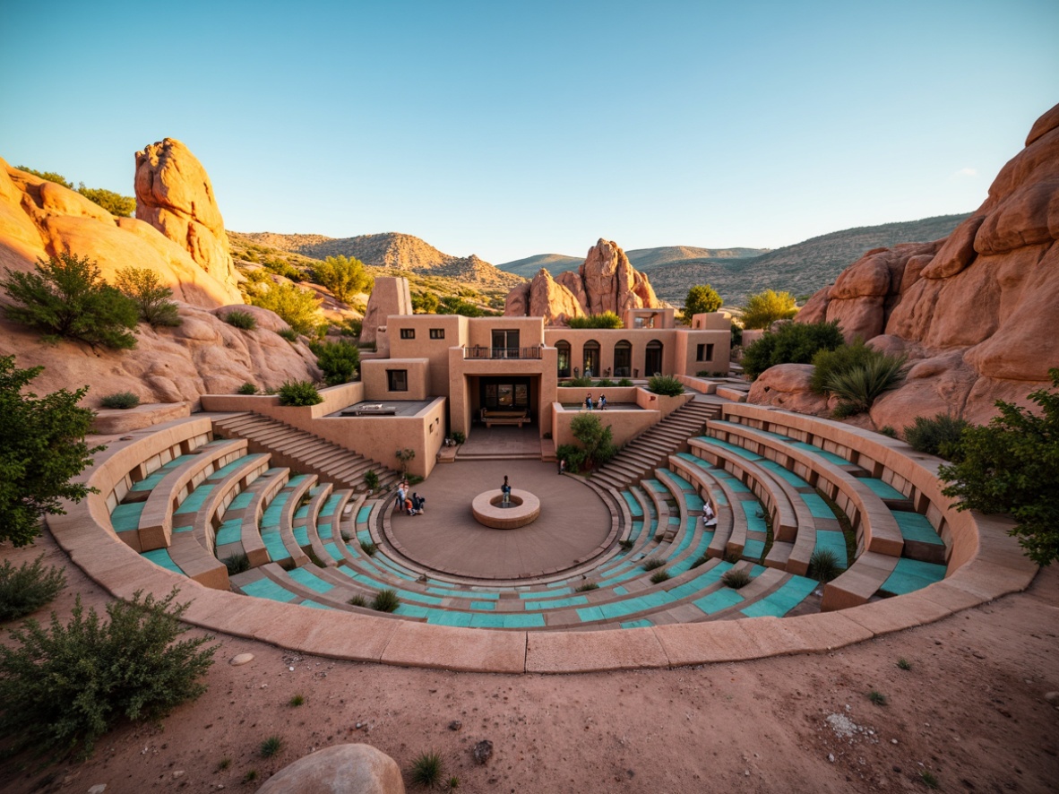 Prompt: Southwestern-style amphitheater, rustic stone walls, curved seating areas, earthy tones, vibrant turquoise accents, natural rock formations, desert flora, sandy terrain, clear blue sky, abundant natural light, warm sunny day, soft shadows, dramatic sunsets, golden hour lighting, 1/1 composition, symmetrical framing, shallow depth of field, realistic textures, ambient occlusion.