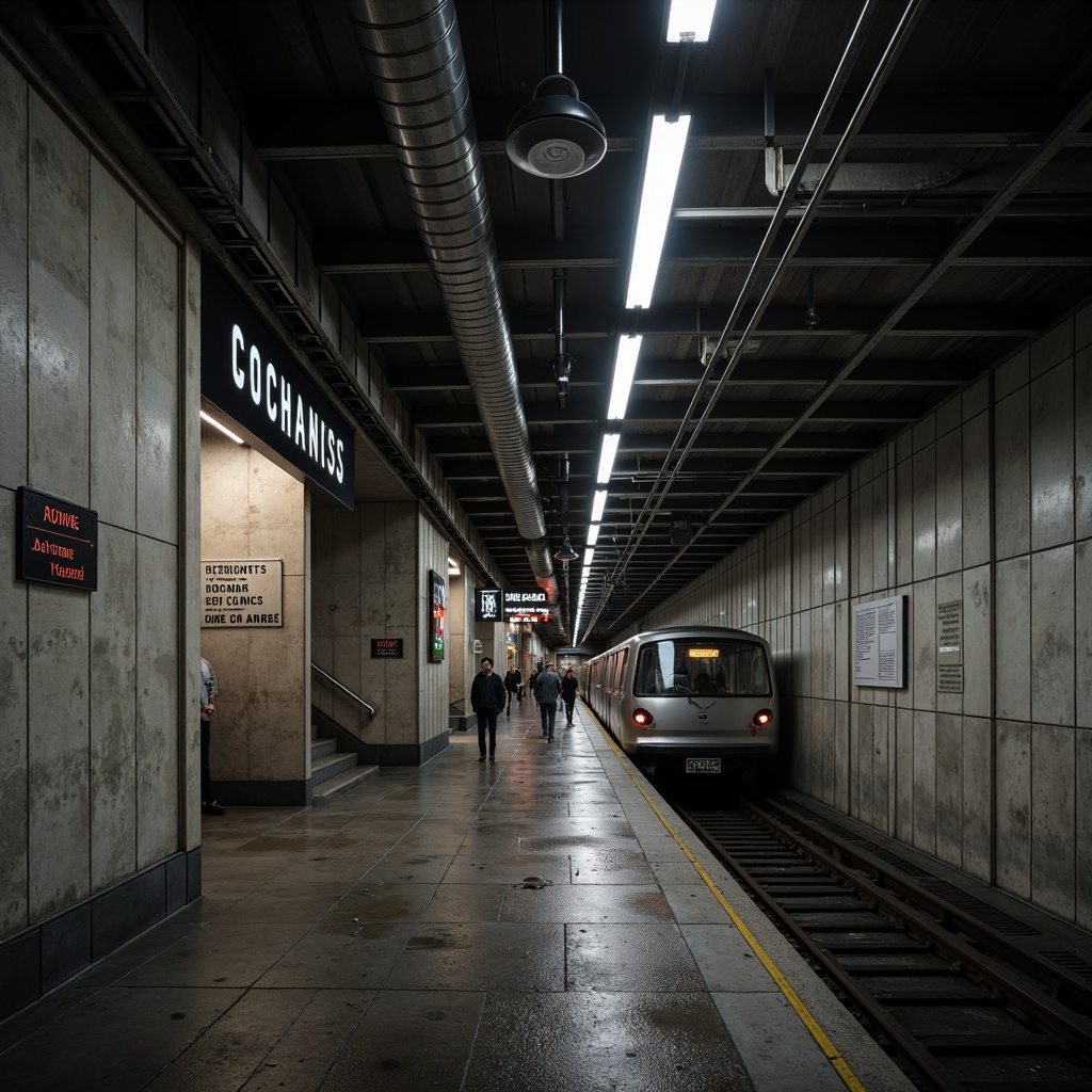 Prompt: Rough concrete walls, brutalist architecture, industrial chic ambiance, dimly lit atmosphere, metal beams, exposed ductwork, urban subway station, busy city life, rush hour crowds, modern urban dweller, functional design, raw unfinished surfaces, cold harsh lighting, deep shadows, 3/4 composition, low-angle shot, realistic textures, ambient occlusion.