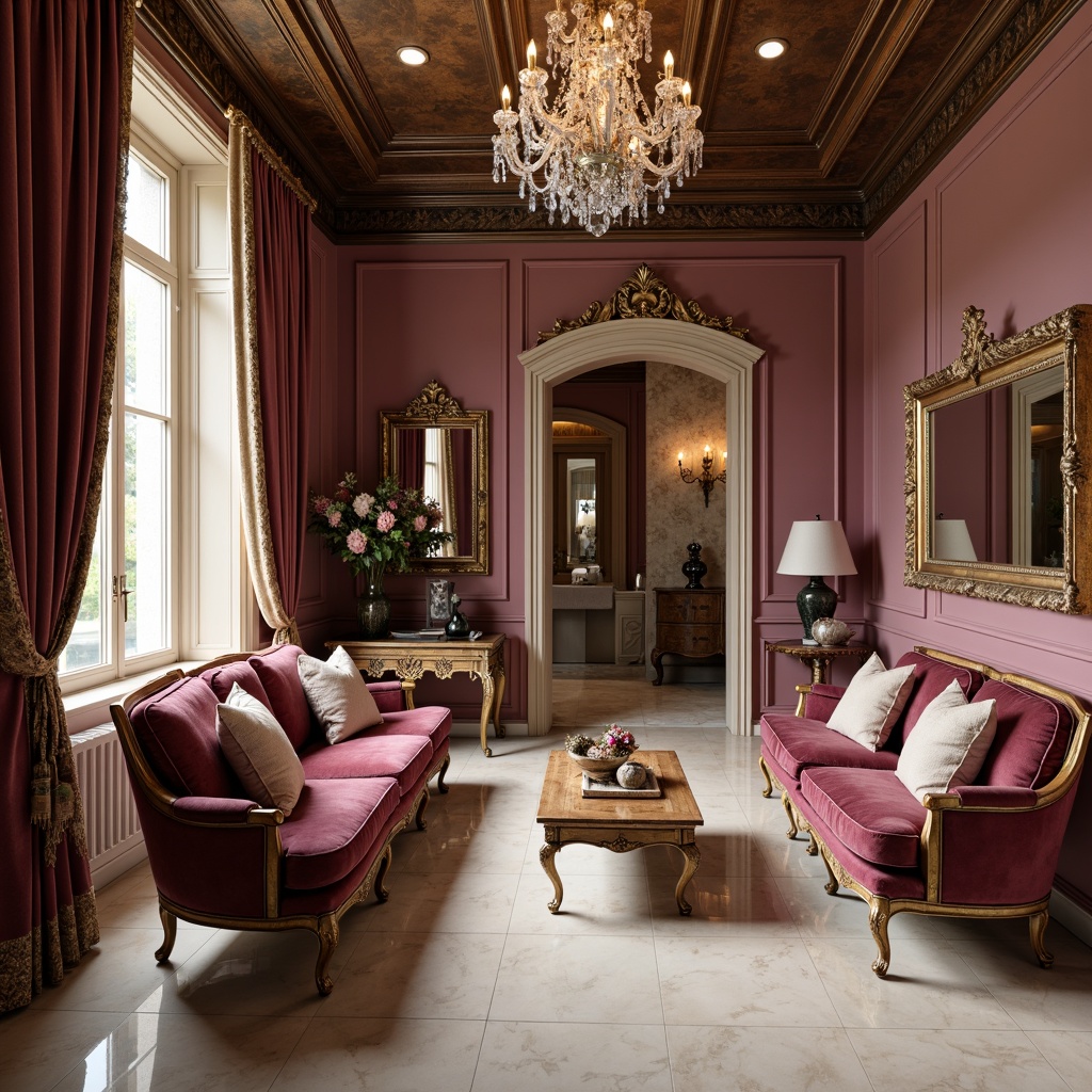 Prompt: Rich mauve walls, ornate golden frames, luxurious velvet fabrics, intricate wooden carvings, opulent crystal chandeliers, soft cream-colored marble floors, classic European-style furnishings, plush mauve sofas, accent pillows with subtle sheen, warm beige drapery, delicate lace trimmings, rustic wooden beams, vintage antique pieces, ornate mirrors, elegant archways, warm soft lighting, shallow depth of field, 1/2 composition, realistic textures, ambient occlusion.