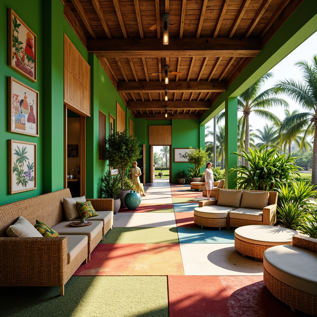 Prompt: Vibrant tropical colors, lush green walls, wooden furniture, natural materials, woven bamboo accents, rattan chairs, colorful rug patterns, educational posters, interactive whiteboards, circular tables, collaborative seating, abundant natural light, large windows, sliding glass doors, outdoor learning spaces, shaded verandas, tropical plants, palm trees, warm sunny day, soft diffused lighting, shallow depth of field, 1/1 composition, realistic textures, ambient occlusion.