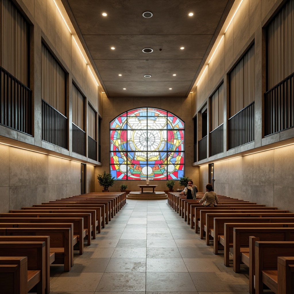 Prompt: Modern church interior, minimalist aesthetic, natural stone flooring, wood accents, sleek metal railings, matte finish, subtle texture, ambient lighting, soft warm glow, stained glass windows, vibrant color schemes, abstract patterns, geometric shapes, polished concrete walls, industrial chic decor, reclaimed wood pews, elegant simplicity, sacred atmosphere, contemplative ambiance, panoramic view, shallow depth of field.