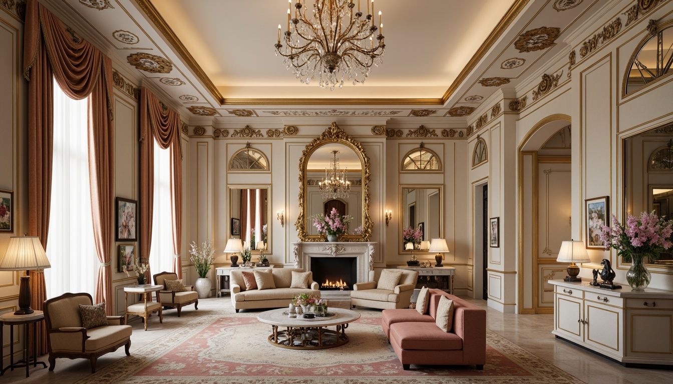 Prompt: Luxurious apartment interior, ornate detailing, Rococo style, golden accents, intricate carvings, curved lines, soft pastel colors, velvety textures, crystal chandeliers, grandiose mirrors, lavish furnishings, plush carpets, elegant drapery, floral patterns, shell motifs, natural stone floors, marble countertops, rich wood paneling, warm candlelight, shallow depth of field, 1/2 composition, realistic reflections, ambient occlusion.