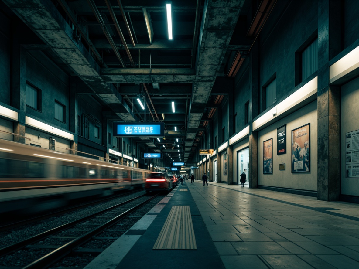 Prompt: Underground metro station, brutalist architecture, concrete columns, raw steel beams, industrial lighting, exposed ductwork, urban atmosphere, moody ambiance, dark grey tones, cold blue hues, warm beige accents, neon signage, futuristic advertisements, sleek modern trains, dynamic movement, shallow depth of field, 1/1 composition, dramatic shadows, realistic textures.