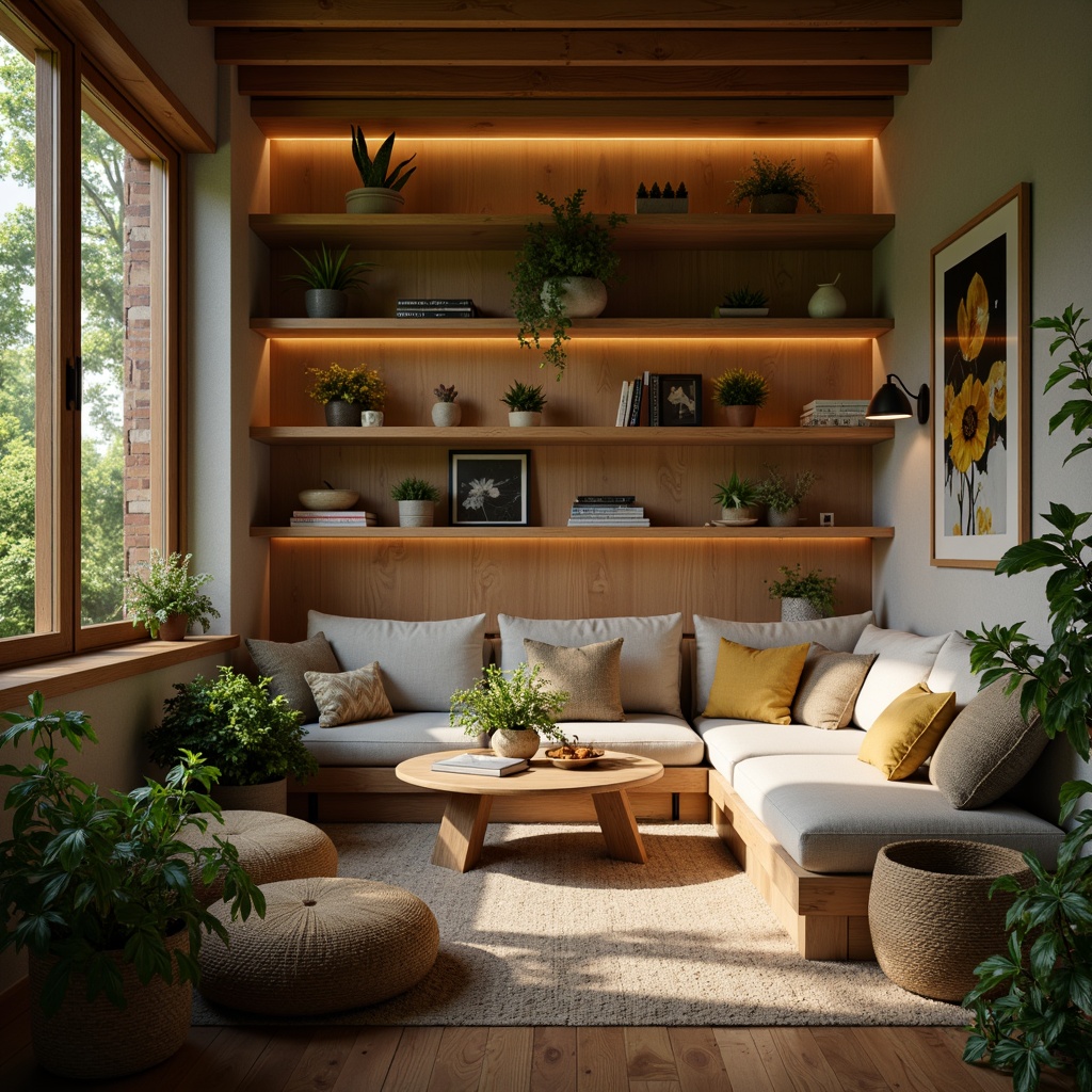 Prompt: Cozy nook, soft cushioning, warm lighting, minimalist decor, compact shelving, wooden accents, comfortable seating, intimate atmosphere, natural textiles, earthy tones, lush greenery, calming ambiance, relaxed vibe, soothing colors, serene backdrop, shallow depth of field, 1/2 composition, warm color palette.