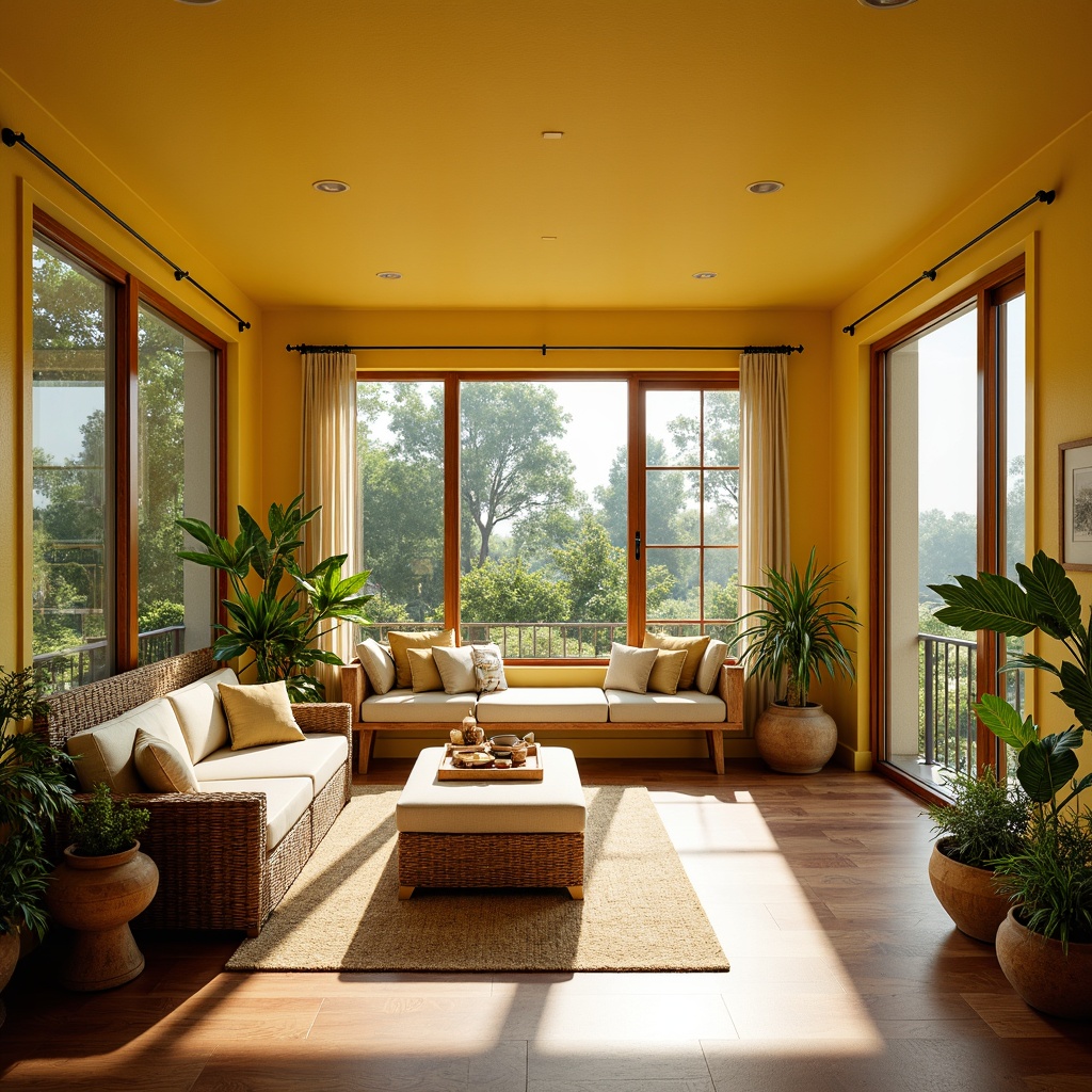 Prompt: Vibrant sunroom, warm natural light, bright yellow walls, soft greenery, comfortable wicker furniture, plush cushions, wooden accents, nature-inspired textiles, earthy terracotta pots, lush potted plants, airy atmosphere, relaxed ambiance, cozy reading nook, floor-to-ceiling windows, sliding glass doors, panoramic views, sunny day, warm golden lighting, shallow depth of field, 3/4 composition, realistic textures.