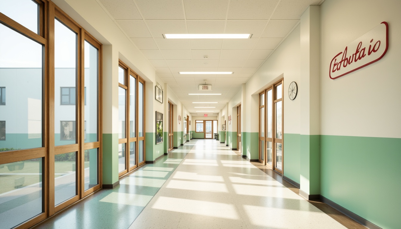 Prompt: Calming school corridor, soft pastel colors, creamy whites, warm beiges, pale blues, minty greens, natural wood tones, minimalist decorative elements, simple typography, clean lines, ample natural light, large windows, sliding glass doors, subtle texture variations, gentle color transitions, 1/1 composition, shallow depth of field, realistic renderings, ambient occlusion.