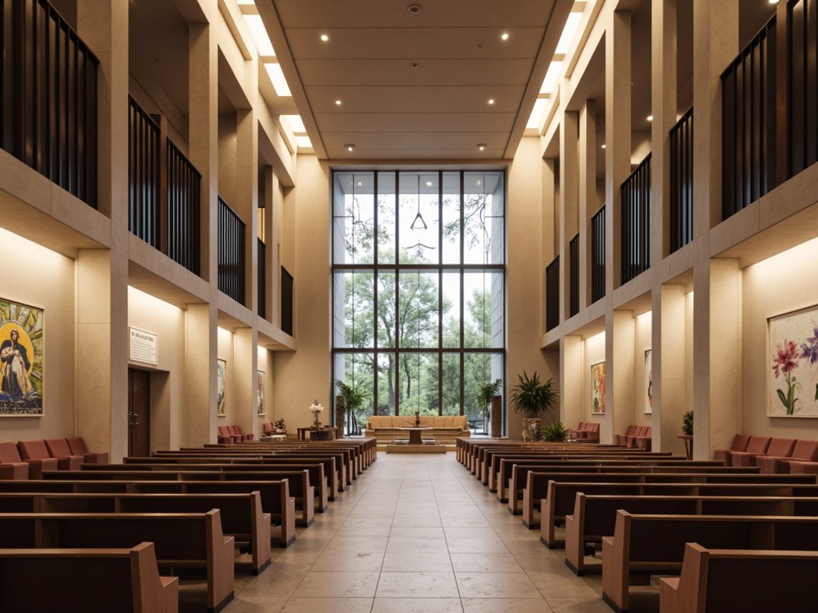 Prompt: Modern church interior, minimalist aesthetic, natural stone flooring, polished concrete walls, wooden pews, sleek metal accents, warm LED lighting, subtle color palette, acoustic panels, sound-absorbing materials, stained glass windows, abstract spiritual artwork, neutral-toned upholstery, industrial-chic decorative elements, open-plan worship space, community-focused seating, intimate gathering areas, natural ventilation systems, eco-friendly building materials, sustainable design principles, soft diffused daylight, serene ambiance, 1/2 composition, shallow depth of field, realistic textures.