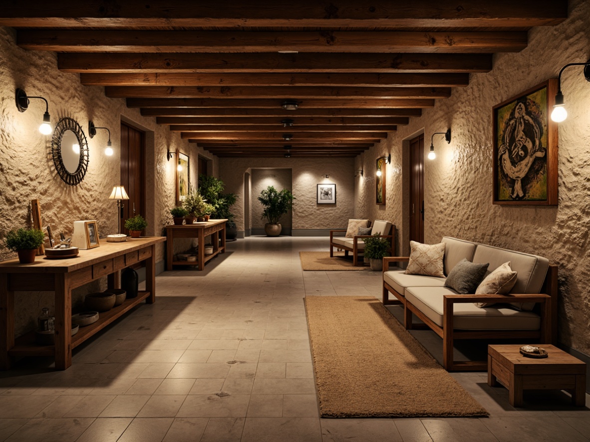 Prompt: Rustic basement, exposed wooden beams, natural stone walls, earthy color palette, reclaimed wood accents, metal lanterns, vintage decorative items, distressed finishes, warm ambient lighting, shallow depth of field, 2/3 composition, realistic textures, subtle grain noise.