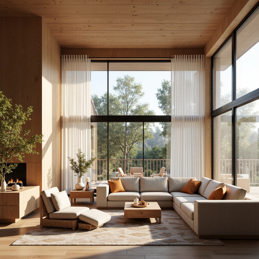 Prompt: Cozy Scandinavian villa, minimalistic interior, natural wood tones, soft pastel colors, comfortable sectional sofas, minimalist coffee tables, woven rattan chairs, geometric patterned rugs, large windows, sheer white curtains, abundant natural light, warm candlelight, soft ambient glow, 1/2 composition, shallow depth of field, realistic textures, subtle ambient occlusion.