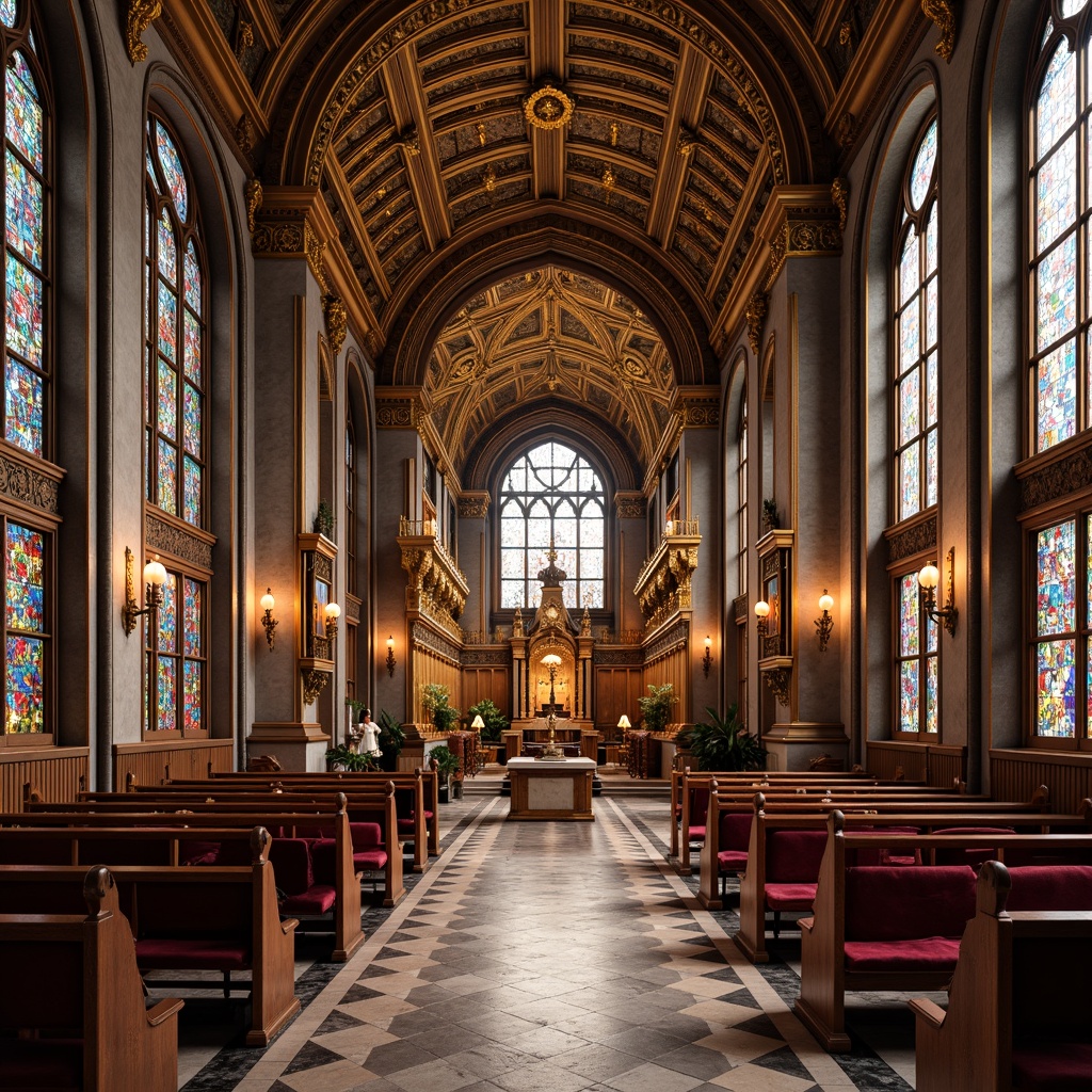 Prompt: Elegant altar, ornate wooden pews, vibrant stained glass windows, intricate geometric patterns, luxurious velvet drapes, gilded accents, majestic chandeliers, sacred religious symbols, lavish marble floors, grandiose archways, solemn atmosphere, soft warm lighting, 1/1 composition, realistic textures, ambient occlusion.