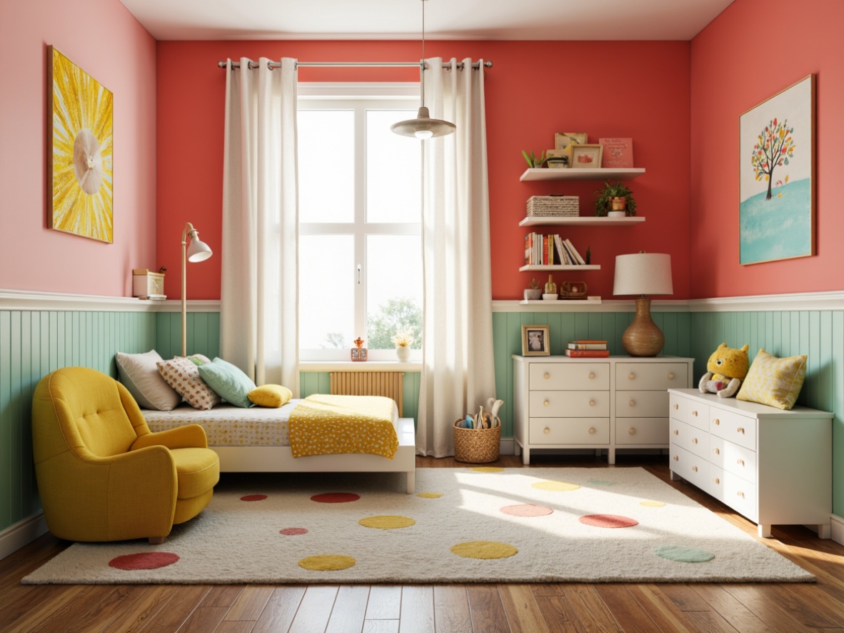 Prompt: Vibrant kids' room, playful color scheme, bright coral walls, soft mint green furniture, creamy white accents, cheerful yellow decorations, whimsical polka dots, fun geometric patterns, cozy reading nook, plush area rug, modern minimalist shelving, natural wood tones, warm task lighting, shallow depth of field, 1/1 composition, realistic textures, ambient occlusion.