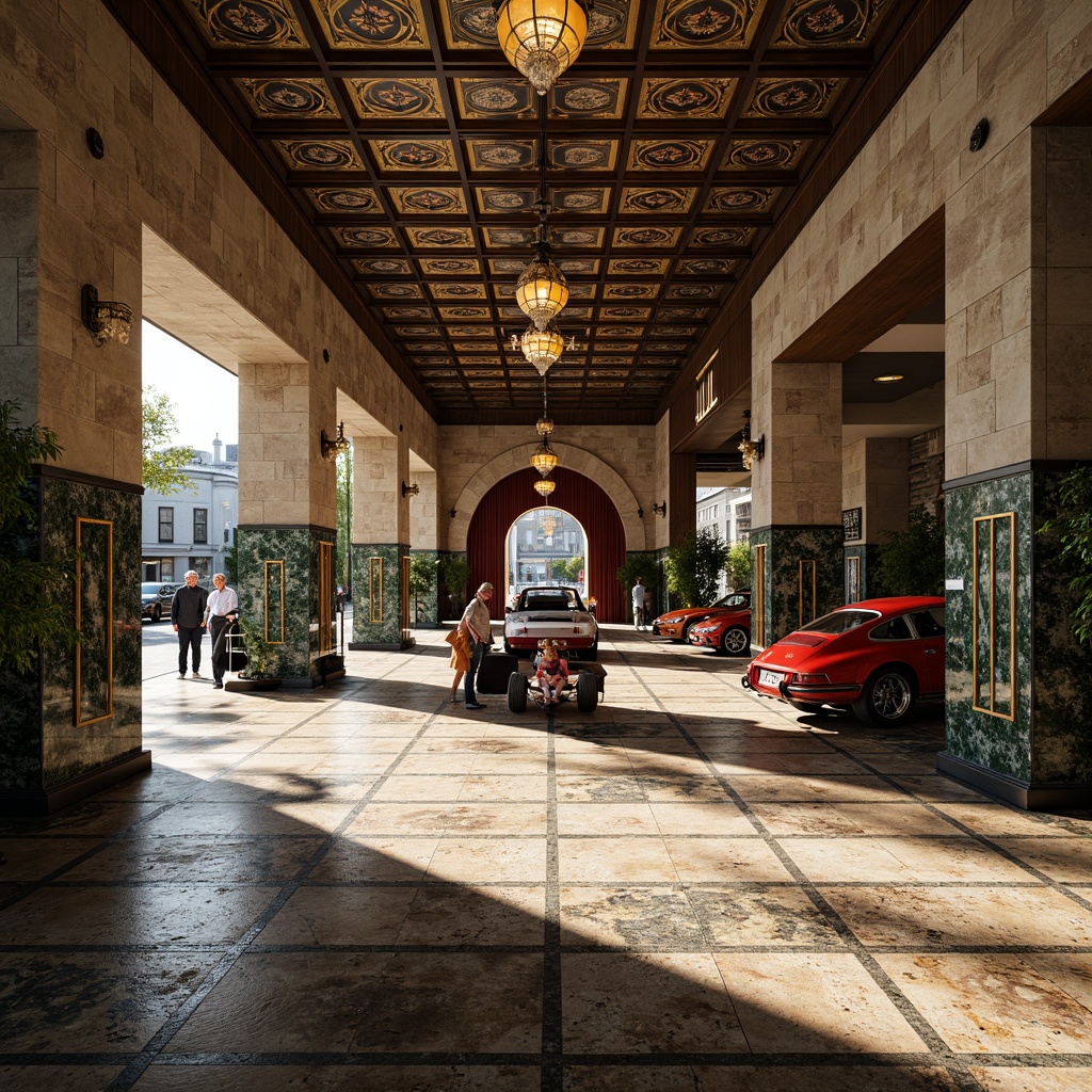 Prompt: Art Deco garage, luxurious metallic accents, bold geometric patterns, rich jewel-toned colors, opulent marble floors, ornate ironwork details, vintage car displays, sleek chrome fixtures, sophisticated urban setting, clear sunny day, high-contrast lighting, dramatic shadows, 3/4 composition, cinematic atmosphere, realistic reflections, intricate textures.