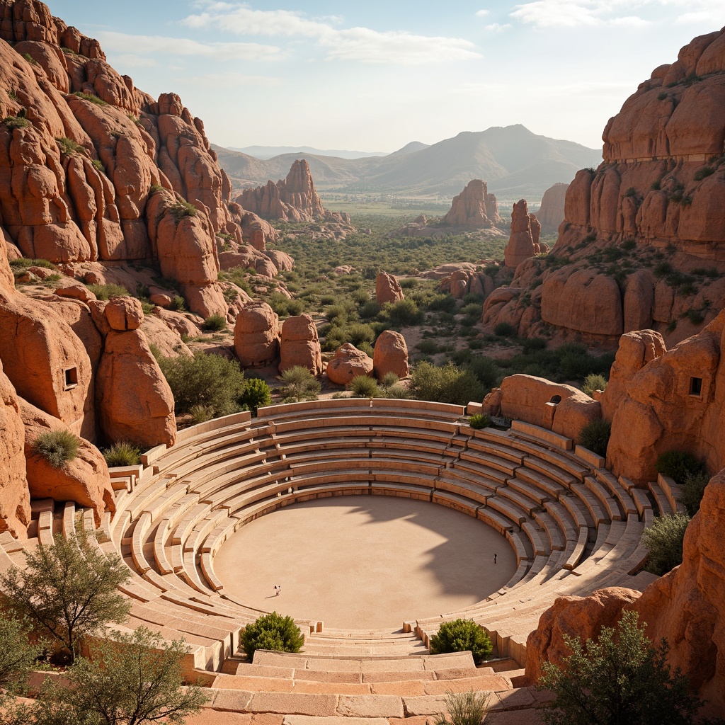 Prompt: Earthy amphitheater, rugged southwestern landscape, sandy beige terrain, majestic rock formations, turquoise accents, warm terracotta hues, vibrant coral tones, soft sage greenery, weathered wooden textures, natural stone seating, curved lines, organic shapes, warm golden lighting, dramatic shadows, high contrast ratio, cinematic composition, 3/4 aspect ratio, atmospheric perspective.