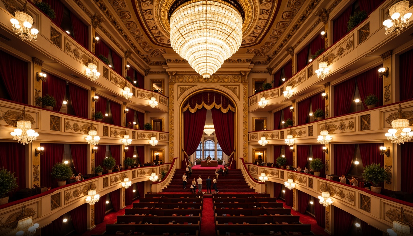 Prompt: Richly ornate opera house interior, grand chandeliers, velvet curtains, luxurious golden accents, intricate moldings, ornamental balconies, regal red carpets, majestic staircases, opulent crystal chandeliers, soft warm lighting, shallow depth of field, 3/4 composition, symmetrical framing, elegant typography, sophisticated color palette, rich jewel-toned colors, deep blues, emerald greens, crimson reds, creamy whites, subtle texture overlays, realistic material reflections.