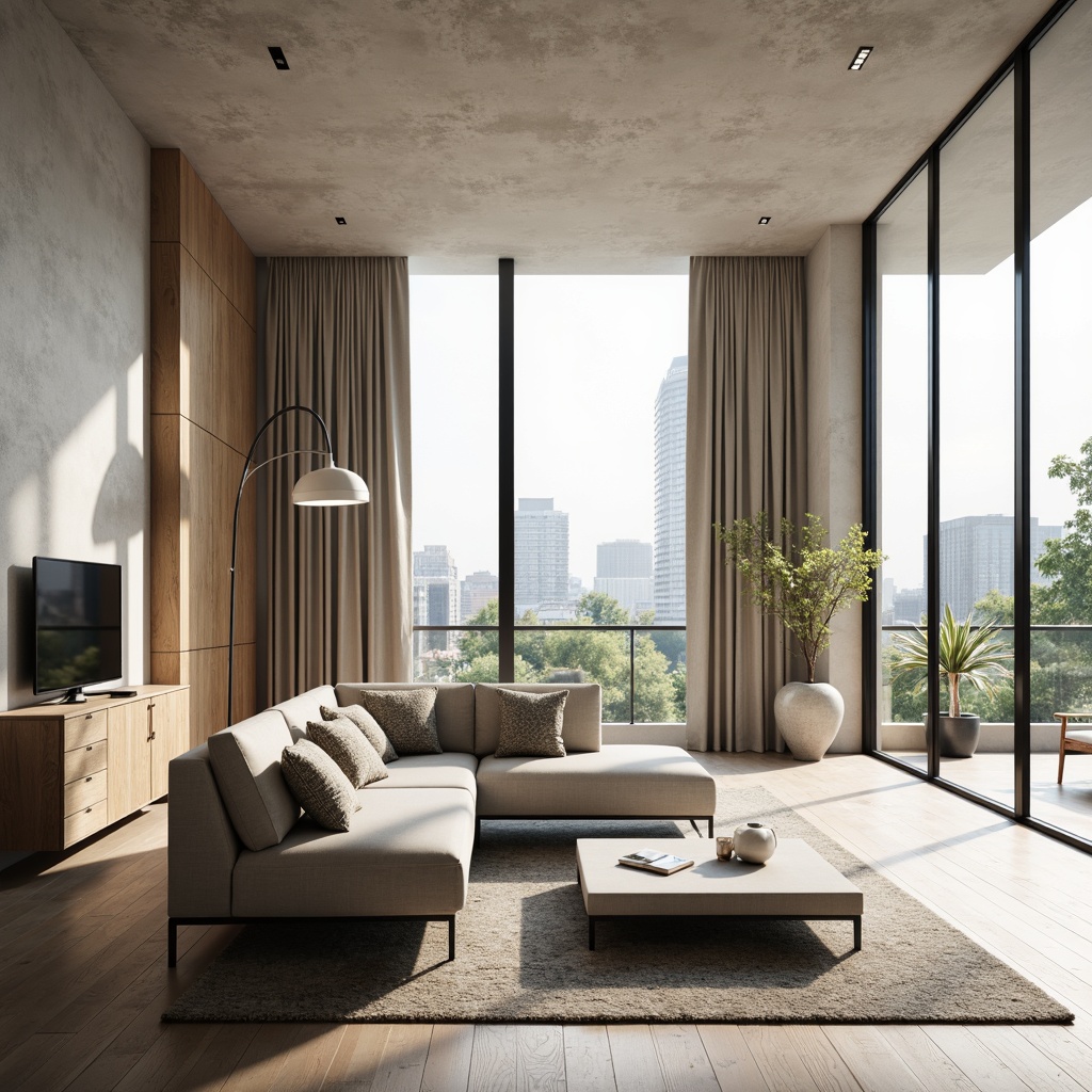 Prompt: Monochromatic interior, sleek low-profile furniture, minimalist decor, clean lines, Scandinavian-inspired design, light oak wood tones, matte black metal frames, plush area rugs, floor-to-ceiling windows, abundant natural light, soft warm ambiance, subtle texture variations, 1/1 composition, shallow depth of field, realistic material reflections.