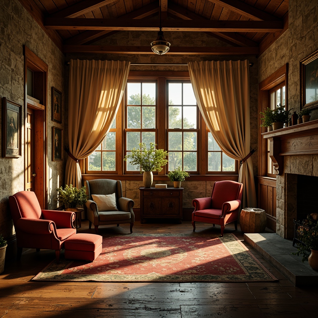 Prompt: Rustic farmhouse, vintage theatrical props, warm golden lighting, earthy tones, distressed wood textures, natural stone walls, cozy velvet curtains, rich red accents, soft cream hues, muted sage greens, weathered metal decor, antique furniture pieces, ornate wooden frames, dramatic spotlighting, 3/4 composition, cinematic atmosphere, realistic shadows.